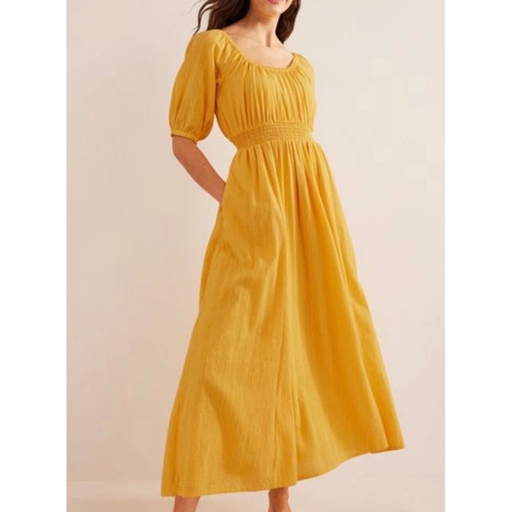 Boden Yellow Smocked Waist Midi Dress Puff Sleeve Scoop Neck Boho Sun Dress 6